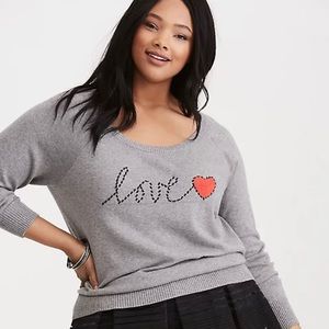 Torrid Heart Love Sweater Gray Embroidered Size 1 (14/16 - 1X)